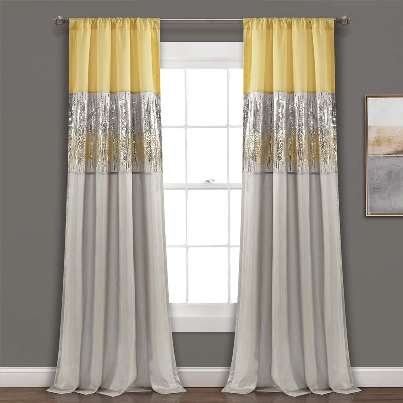 Lush Decor Night Sky Window Curtain Panel, Single 42"W x 84"L Yellow & Gray - Sequin Backdrop Curtain - Room Darkening Curtains For Bedroom - Glam Decor - Image 1